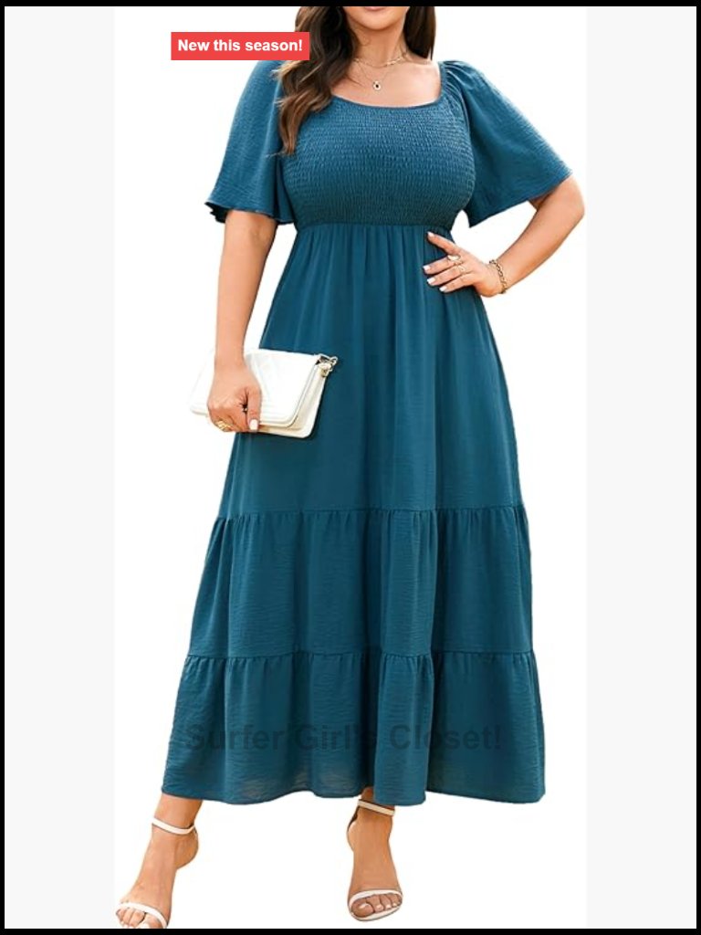 Plus Size Smocked Boho Maxi Dress Flowy A-Line Square Neck